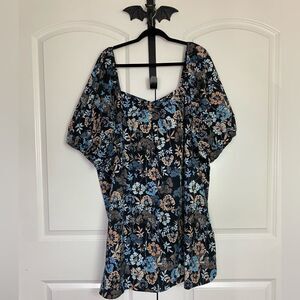 Boho Cottagecore Black Floral Puff Sleeve Mini Dress, Feminine Muti tear size 3X